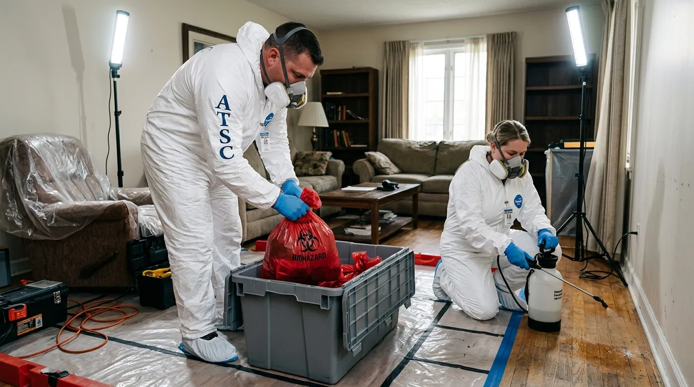 Professional Biohazard Cleanup technician in full PPE working in Rockville